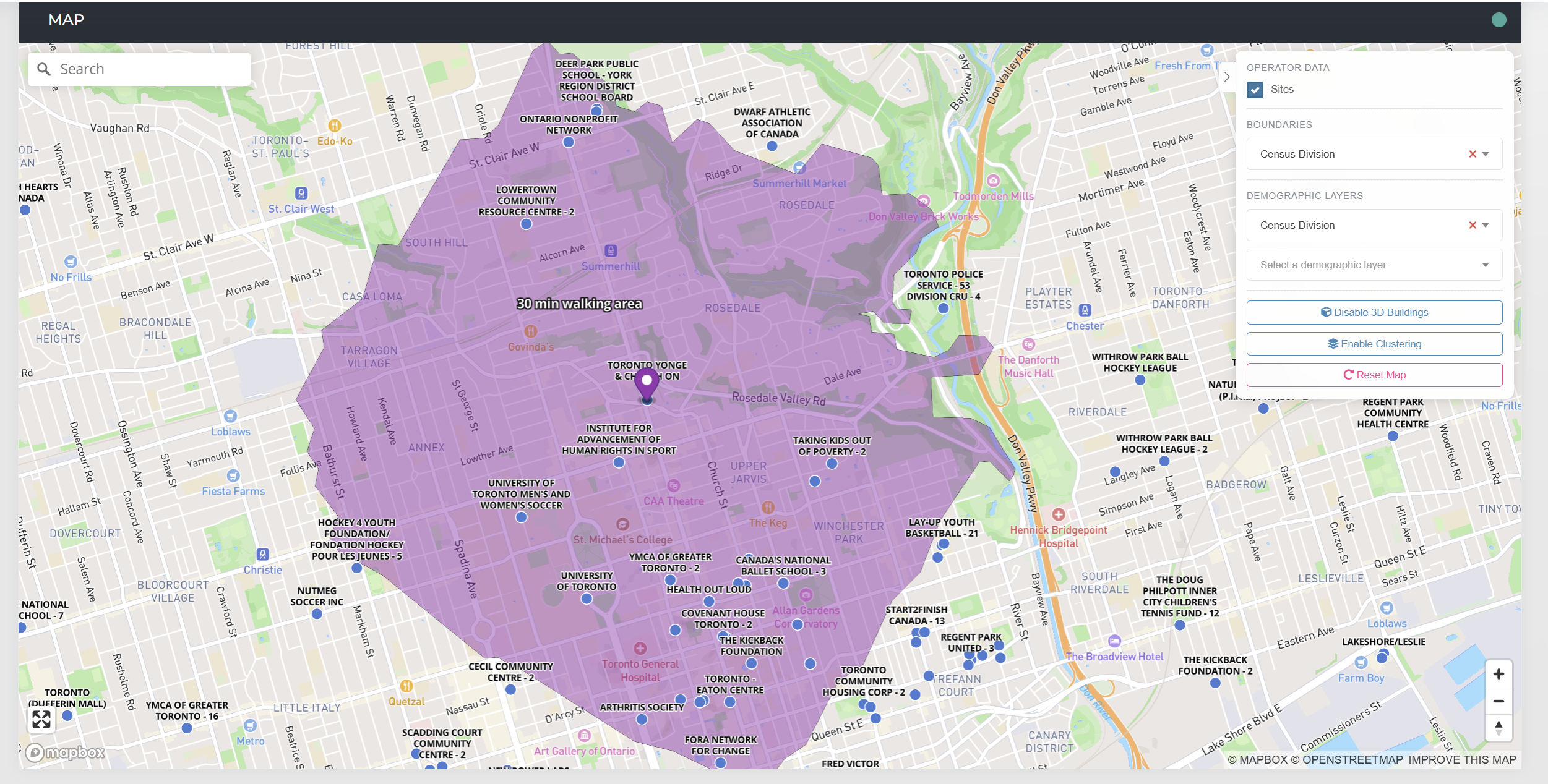 SportBI Canada catchment area map